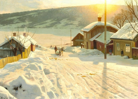 Horse-drawn sledge on a snowy Norwegian village street at golden sunset