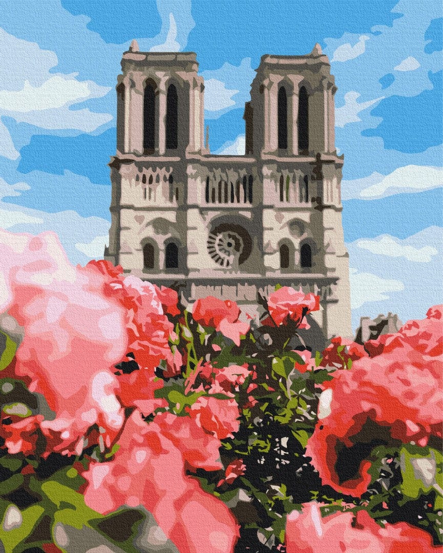Notre-Dame Cathedral's Gothic towers rising behind blooming pink roses, paint-by-number canvas design