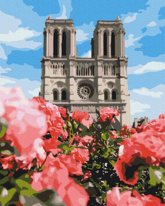 Notre-Dame Cathedral's Gothic towers rising behind blooming pink roses, paint-by-number canvas design