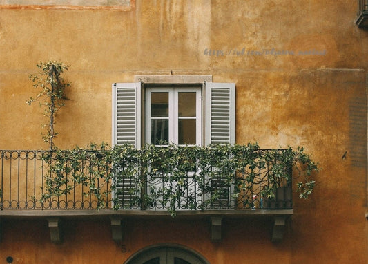 Schmiedeeiserner Balkon mit Jasminranken an ockerfarbener Fassade mit Fensterläden
