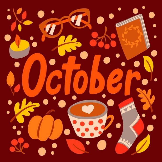 Postkarte mit Schriftzug „Oktober“, Kürbissen, Herz-Latte und gestreifter Socke auf Bordeaux