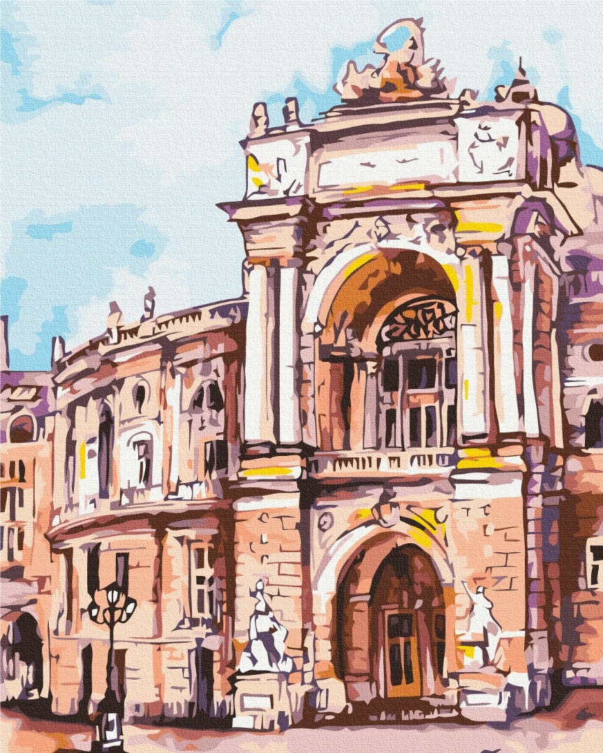 Sonnige Fassade eines Odessa-Theaters mit Triumphbogen und Säulen, Malen-nach-Zahlen-Motiv