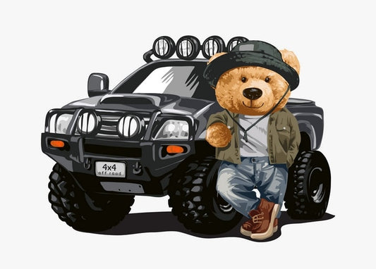 Illustrierter Teddybär mit Buschhut lehnt an schwarzem 4x4-Offroad-Truck