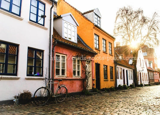 Cobblestone street with colorful old houses, a bicycle, and autumn sunlight through bare branches