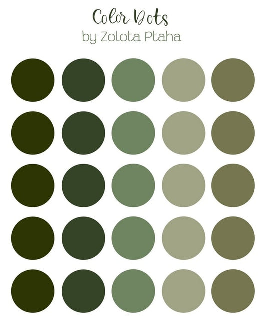 Аркуш наліпок з круглими крапками: оливковий, темно-зелений, полиновий, сіро-зелений, хакі