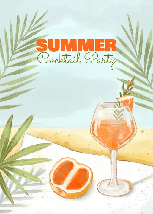 Orange spritz cocktail with grapefruit and rosemary beside palm leaves on sand