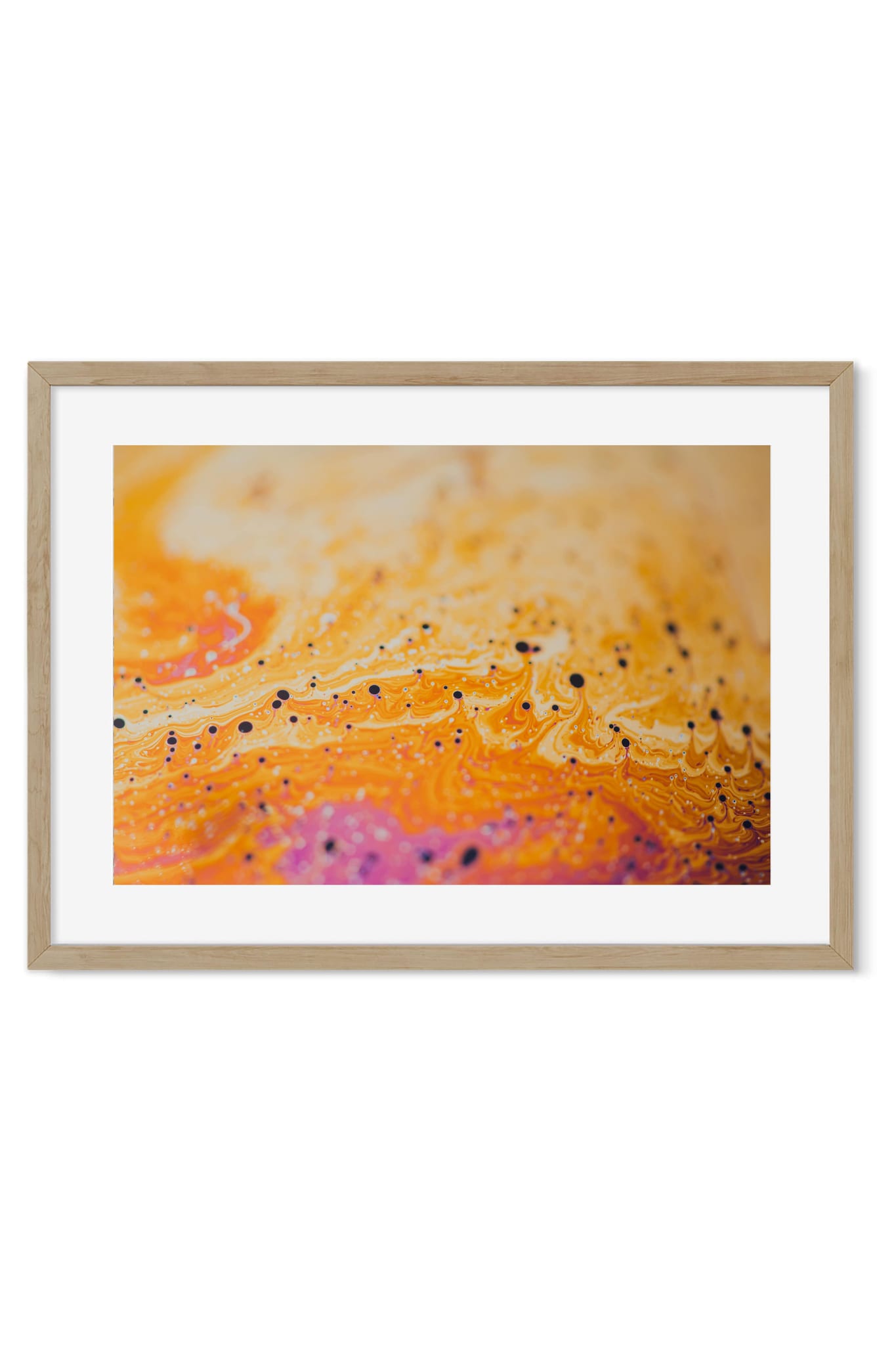 Abstract poster of swirling orange and pink fluid art with black ink droplets