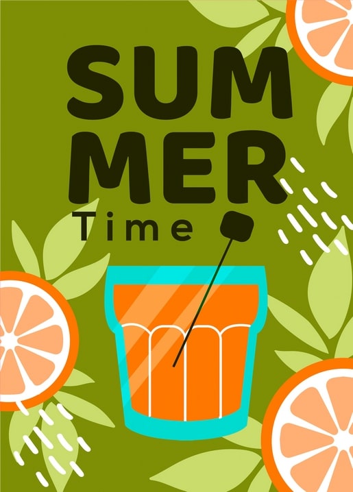 Illustrated postcard with an orange summer drink, black stirrer, and citrus slices on olive green