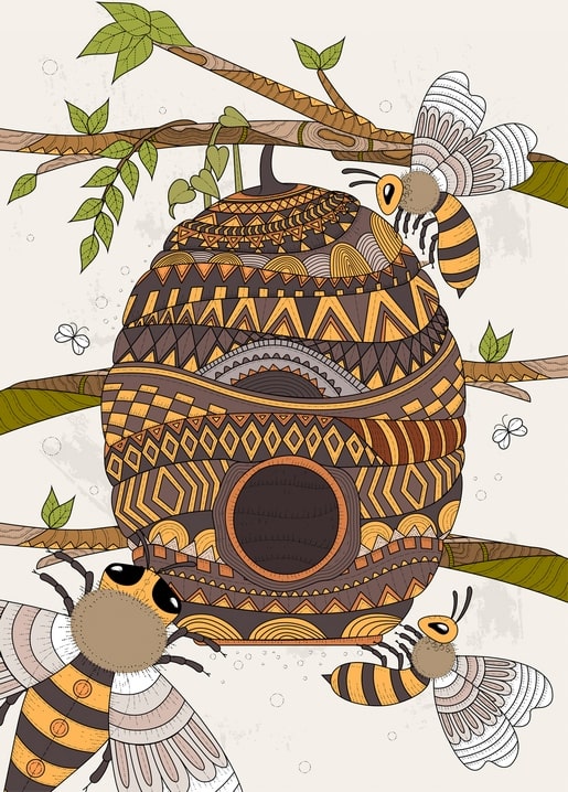 Kunstvoller Mandala-Bienenstock am Ast mit drei fein gemusterten Bienen