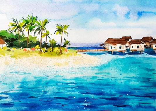 Watercolor tropical beach with overwater bungalows and palm trees