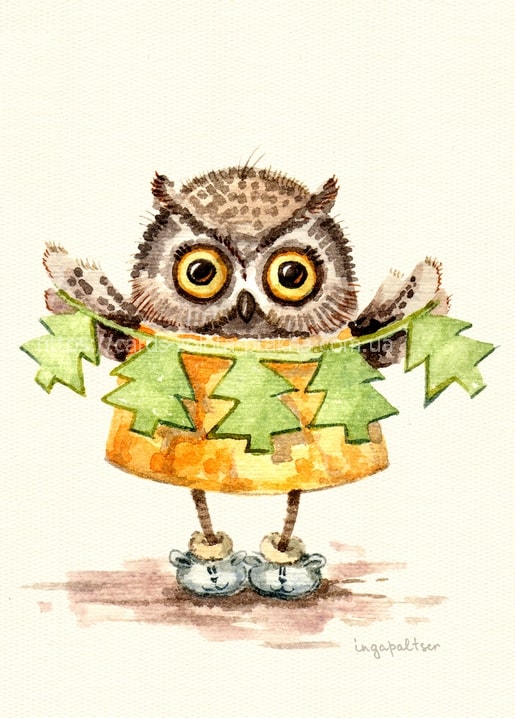 Watercolor owl in bear slippers holding a green fir-tree garland