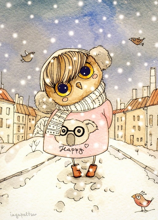 Illustrated owl in a pink coat and bear-ear hood walking through a snowy street