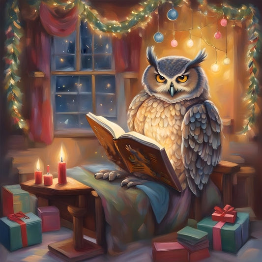 Illustrated owl reading an open storybook by candlelight among Christmas gifts and garland