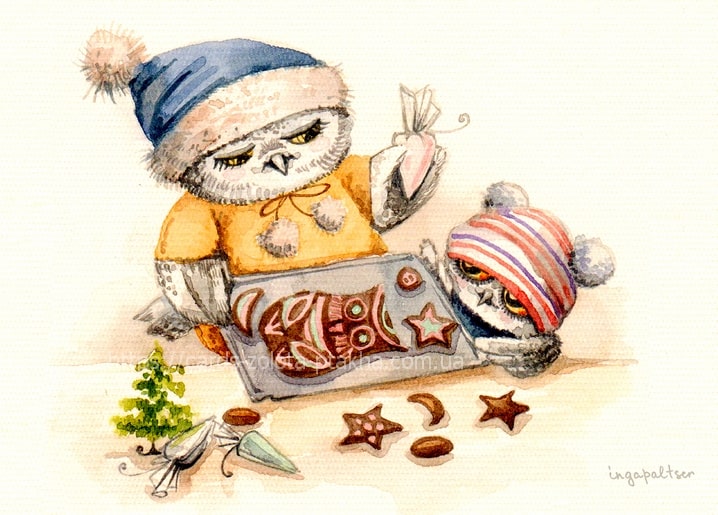 Two illustrated owls in winter hats piping icing onto owl-shaped gingerbread cookies