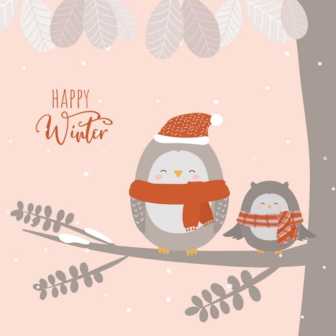 Two owls in scarves, one wearing a Santa hat, beside a “Happy Winter” greeting