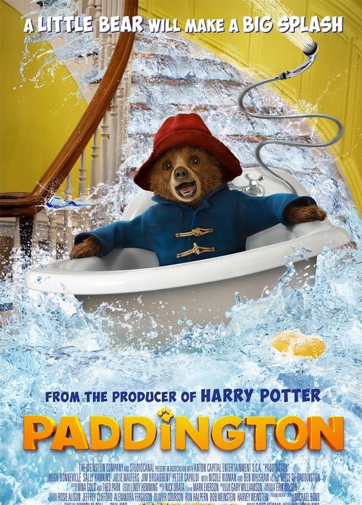 Paddington Bär in überfluteter Badewanne, Wasser spritzt durchs ganze Zimmer