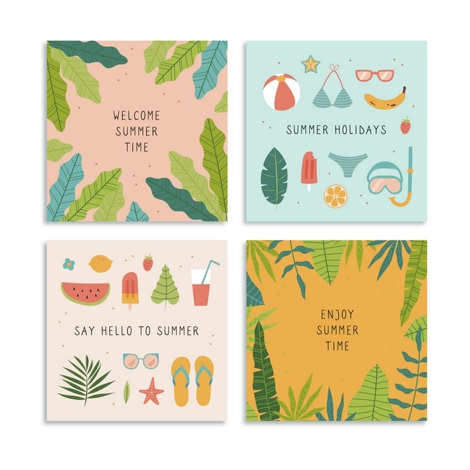 Four mini postcards: palm-leaf frames, snorkel gear, watermelon, and a cold drink with a starfish.
