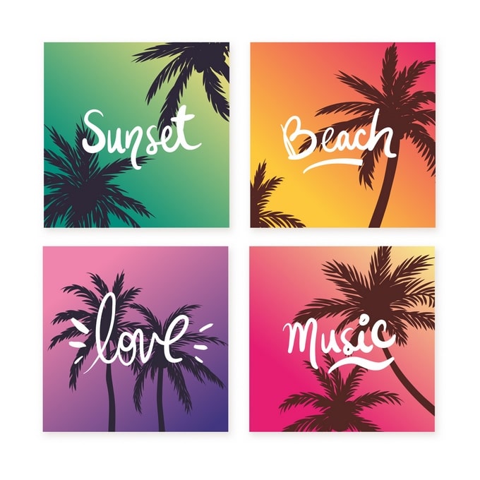 Vier Postkarten mit Palmen-Silhouetten und den Worten Sunset, Beach, Love und Music auf Farbverläufen