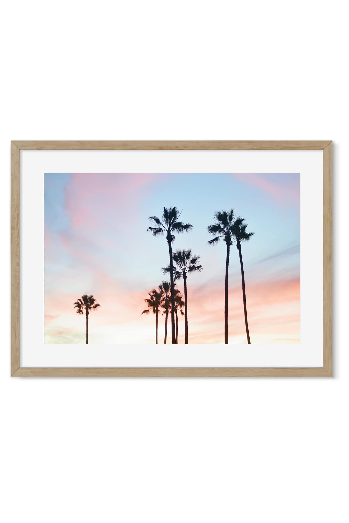Poster of tall palm tree silhouettes against a pink and blue sunset sky