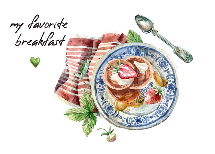 Watercolor pancake stack with strawberries and cream on blue china, striped napkin and spoon