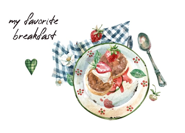 Watercolor pancake stack with strawberries, cream and a blossom on a gingham napkin and dotted plate