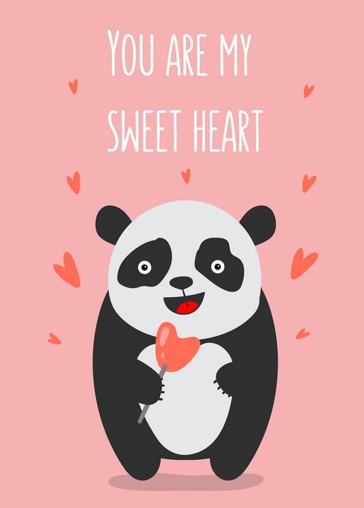 Illustrierter Panda mit herzförmigem Lolli vor rosa Hintergrund mit Herzen