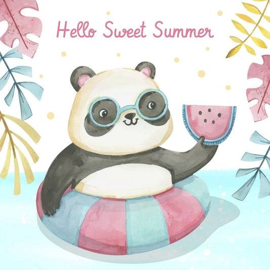 Watercolor panda in sunglasses on a striped pool float holding a watermelon slice