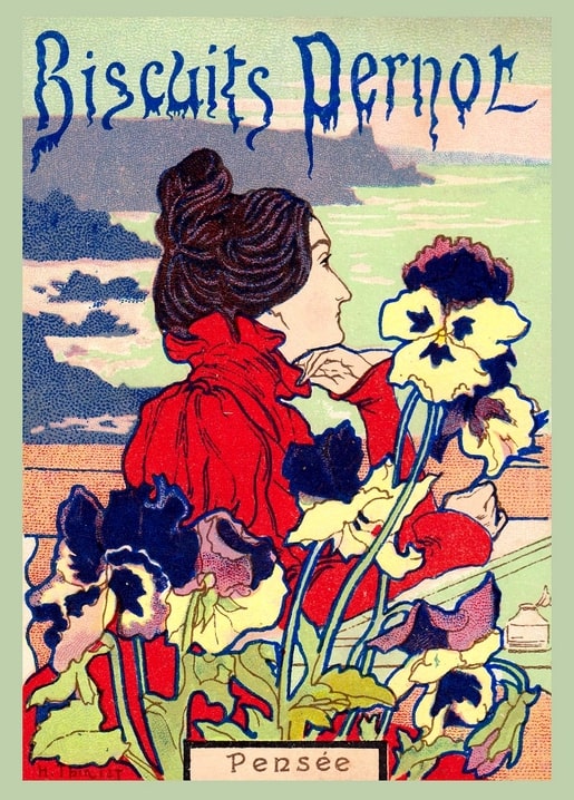 Vintage postcard of a woman in red by the sea, holding purple and yellow pansies