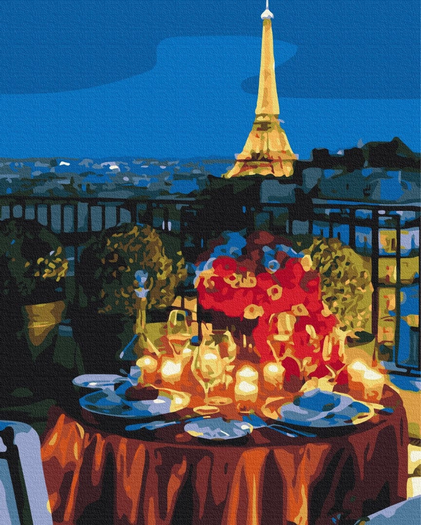 Paint-by-numbers scene of a candlelit dinner table with roses on a Paris rooftop, Eiffel Tower glowing at night
