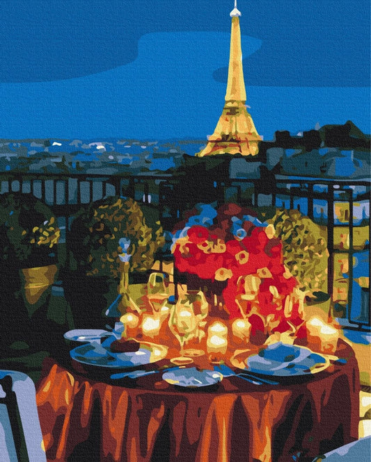 Paint-by-numbers scene of a candlelit dinner table with roses on a Paris rooftop, Eiffel Tower glowing at night