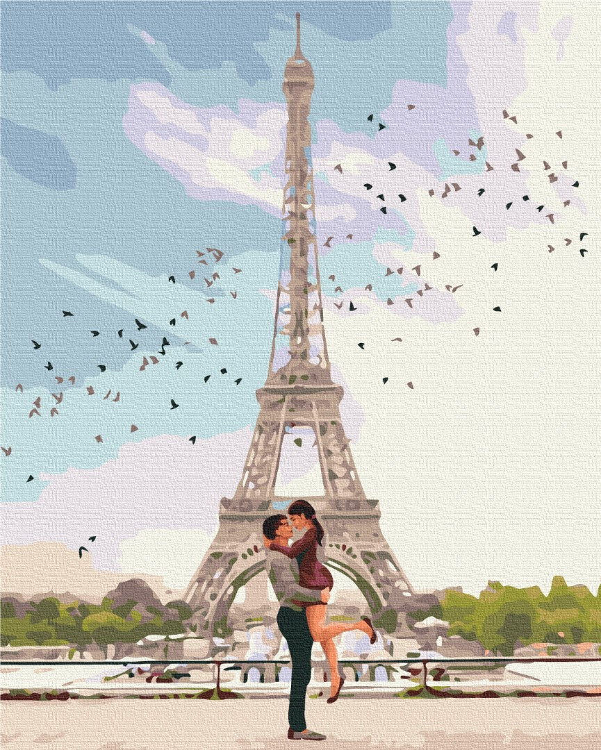 Illustrated couple embracing beneath the Eiffel Tower with a flock of birds overhead, paint-by-numbers canvas