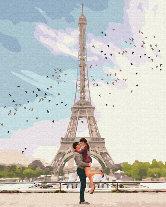Illustrated couple embracing beneath the Eiffel Tower with a flock of birds overhead, paint-by-numbers canvas