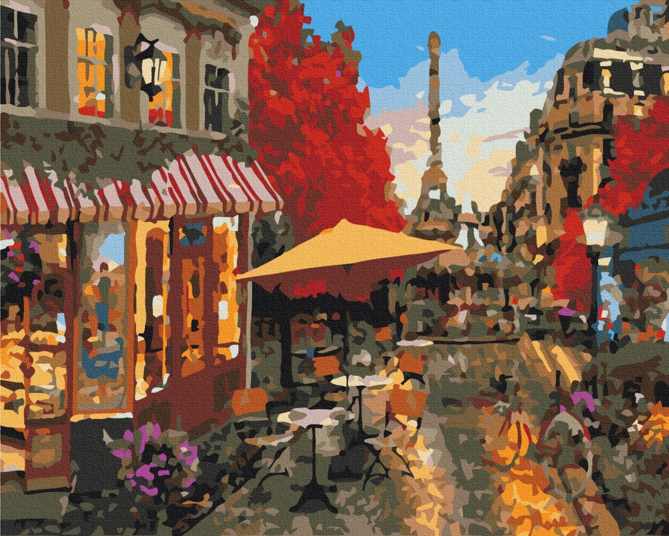 Paint-by-numbers canvas of a Paris street café with autumn trees and the Eiffel Tower