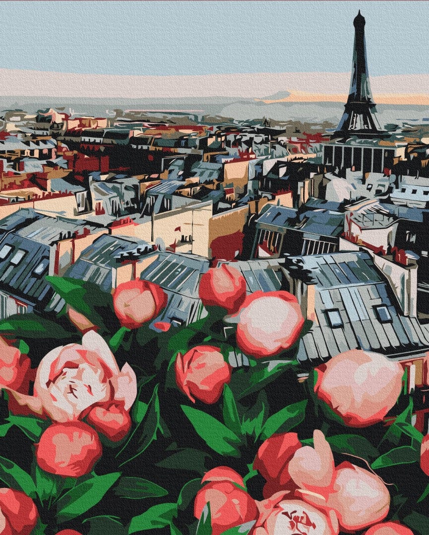 Paris peonies paint-by-numbers: pink peony blooms over rooftops with the Eiffel Tower.