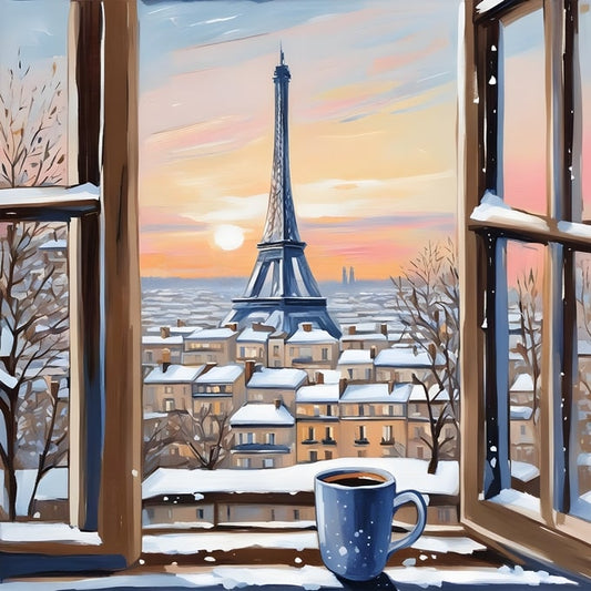 Window overlooking snowy Paris rooftops and the Eiffel Tower at sunset, coffee cup on the sill
