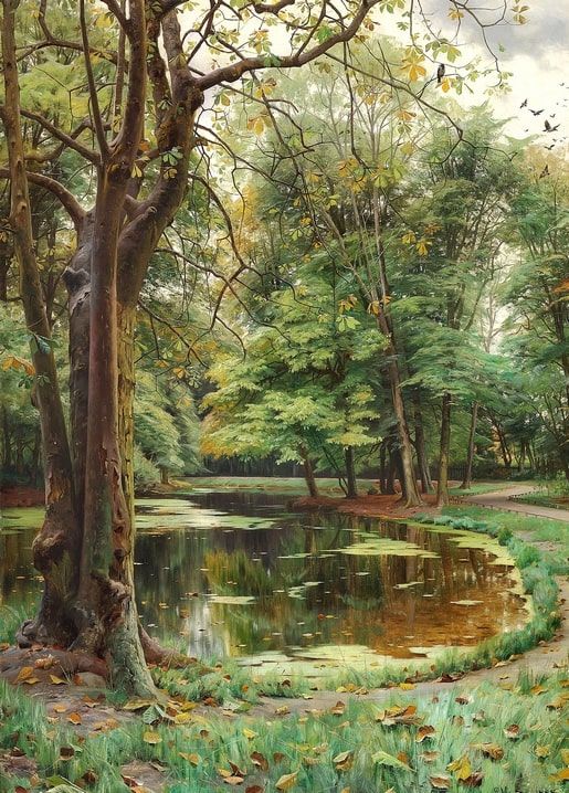 Gemälde eines Parkteichs mit herbstlicher Kastanienkrone und gefallenen Blättern auf dem Wasser