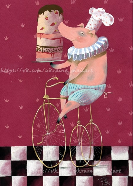 Pig dressed as a pastry chef riding a penny-farthing bicycle with a strawberry cake
