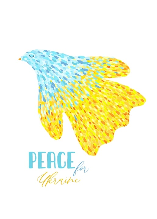 Blau-gelb illustrierte Taube mit dem Schriftzug Peace for Ukraine darunter