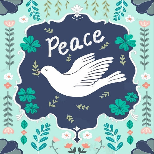 Weiße Taube mit Ölzweig in einem floralen Rahmen mit dem Wort Peace, türkis-koralle Wyschywanka-Bordüre