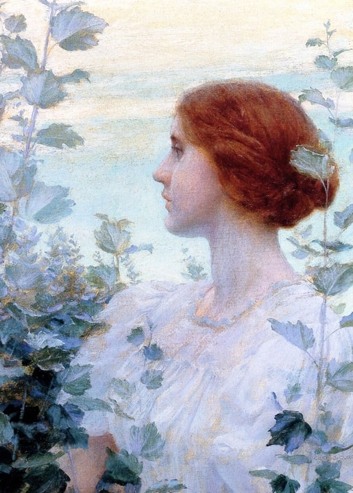 Charles Courtney Curran painting of a red-haired woman in white wearing a pearl necklace, profile view