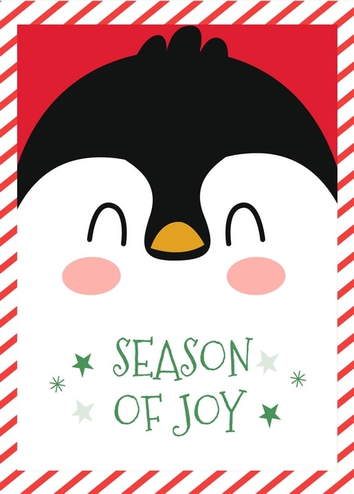 Illustrated penguin face with rosy cheeks on a candy-cane striped Christmas postcard reading ‘Season of Joy’.