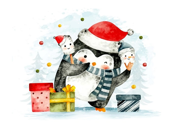 Aquarell-Pinguinfamilie mit Weihnachtsmützen, Geschenken und einem Pinguin mit Eistüte