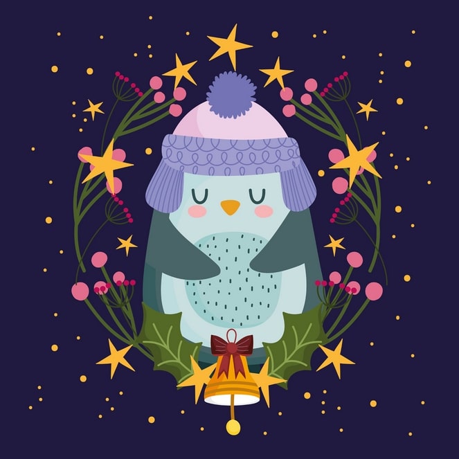 Penguin wearing a knitted hat inside a wreath of stars and holly berries