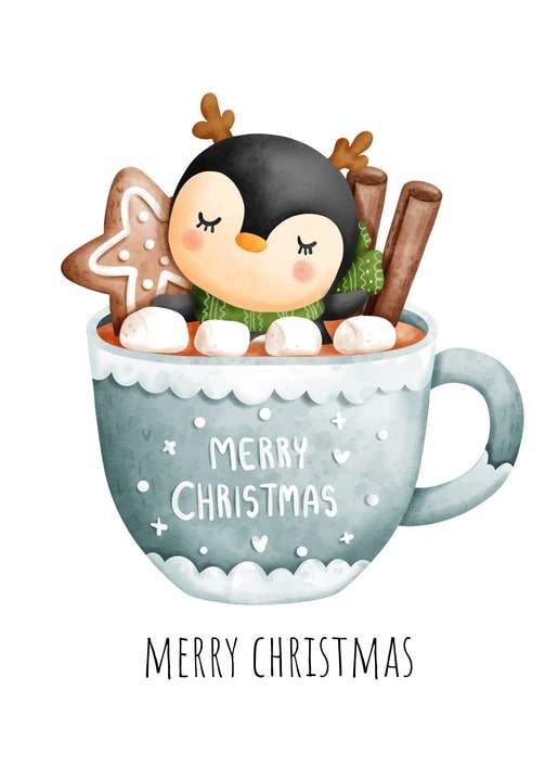 Pinguin mit Rentiergeweih sitzt in einer Kakaotasse mit Marshmallows und Zimtstangen