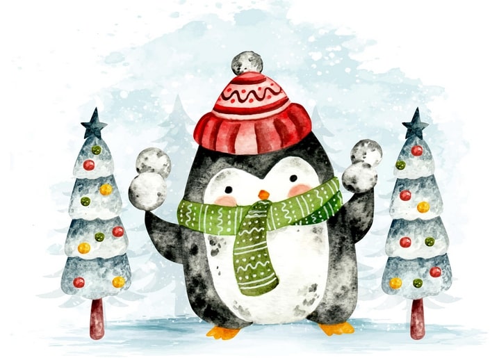 Aquarell-Pinguin mit roter Mütze und Schneebällen zwischen zwei geschmückten Weihnachtsbäumen