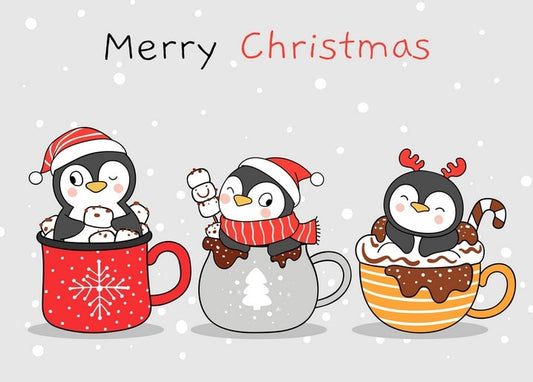 Three cartoon penguins in Christmas mugs of cocoa with a Santa hat, scarf and reindeer antlers
