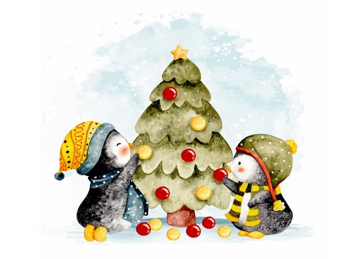 Zwei Aquarell-Pinguine hängen gemeinsam rote und goldene Kugeln an einen Weihnachtsbaum