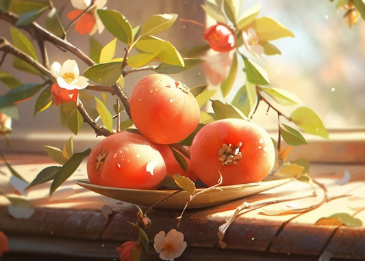 Still life of ripe persimmons on a plate beside a blossoming branch in window light