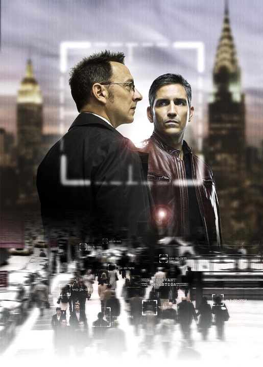 Person of Interest poster postcard: two men before a foggy New York skyline with surveillance graphics