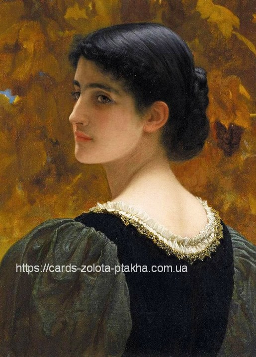 Painting by Charles Edward Perugini: a dark-haired woman glancing back against golden autumn foliage